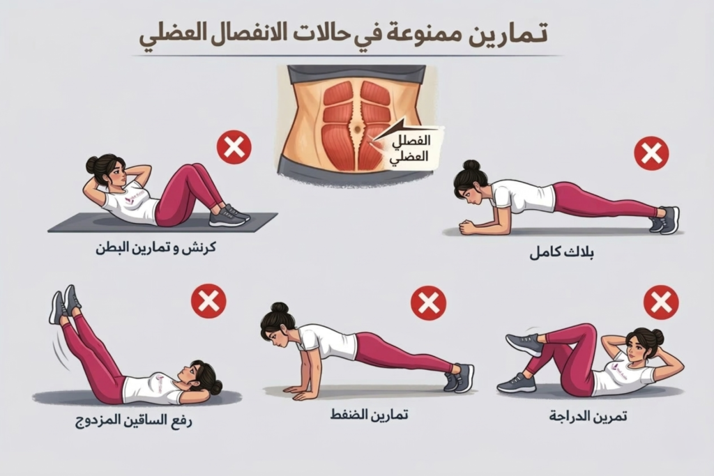 تمارين ممنوعة في حالات الانفصال العضلي بعد الولادة يجب تجنبها 1 تمارين الانفصال العضلي بعد الولادة: دليلك الكامل للتشخيص والتعافي المنزلي