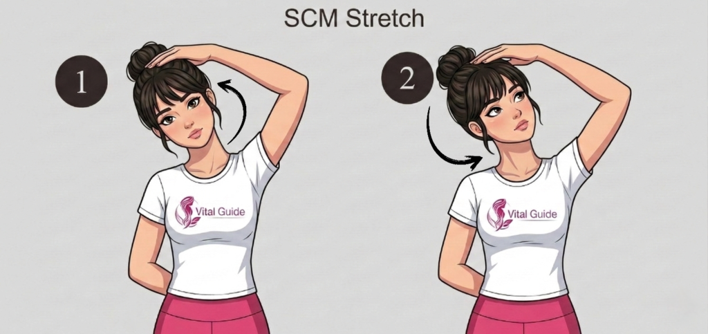 تمرين استطالة الرقبة الجانبي لعلاج آلام الرقبة — SCM Stretch علاج آلام الرقبة بسبب الموبايل: 5 تمارين طبيعية تُنهي الرقبة النصية نهائياً
