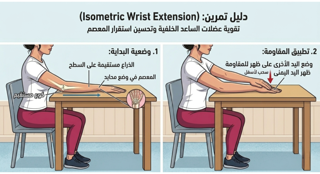 علاج مرفق البادل Padel Elbow: دليلكِ للعودة للملعب بدون ألم 4 تمرين الإمساك الثابت Isometric Wrist Extension علاج مرفق البادل Padel Elbow: دليلكِ للعودة للملعب بدون ألم
