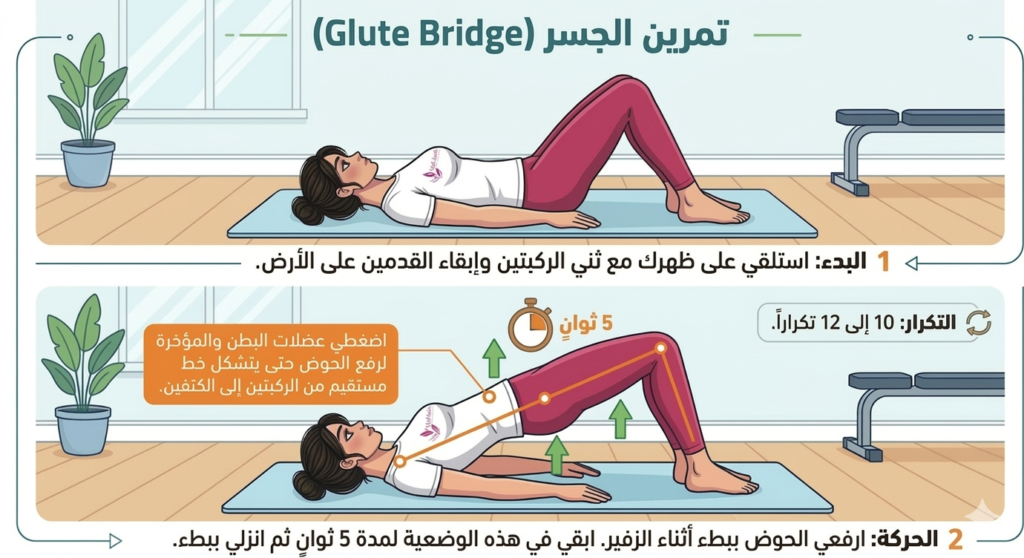 تمرين الجسر لتقوية عضلات البطن والحوض بعد الولادة — Glute Bridge تمارين الانفصال العضلي بعد الولادة: دليلك الكامل للتشخيص والتعافي المنزلي
