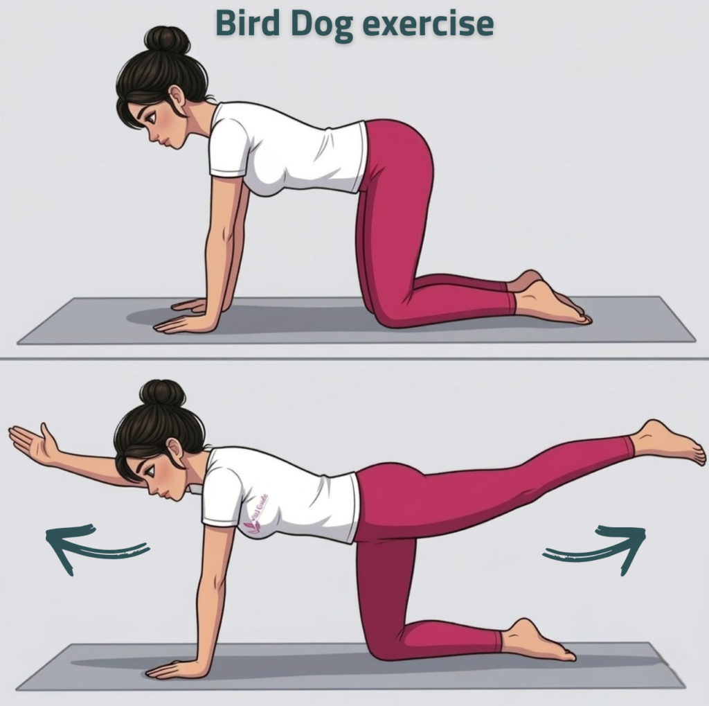 تمرين الطائر الكلب لتقوية عضلات البطن والظهر وعلاج الانفصال العضلي بعد الولادة — B تمارين الانفصال العضلي بعد الولادة: دليلك الكامل للتشخيص والتعافي المنزلي