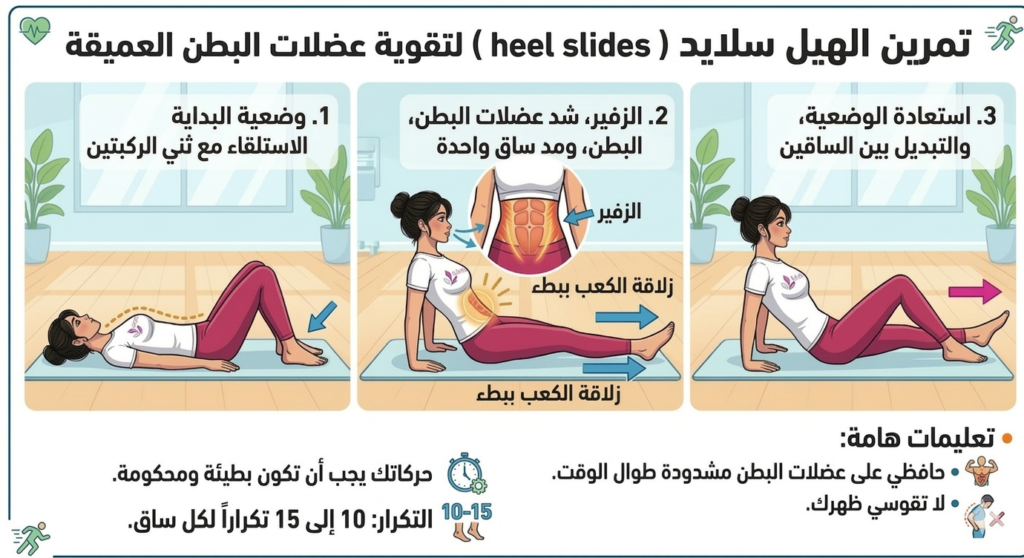 تمرين الهيل سلايد لتقوية عضلات البطن وعلاج الانفصال العضلي بعد الولادة — Heel Slid تمارين الانفصال العضلي بعد الولادة: دليلك الكامل للتشخيص والتعافي المنزلي