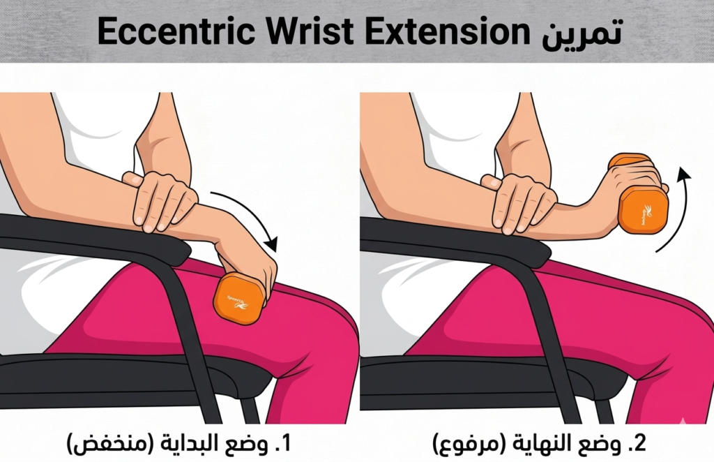 علاج مرفق البادل Padel Elbow: دليلكِ للعودة للملعب بدون ألم 6 تمرين بسط المعصم اللامركزي Eccentric Wrist Extension علاج مرفق البادل Padel Elbow: دليلكِ للعودة للملعب بدون ألم