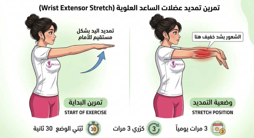 علاج مرفق البادل Padel Elbow: دليلكِ للعودة للملعب بدون ألم 5 تمرين تمديد الساعد Wrist Extensor Stretch علاج مرفق البادل Padel Elbow: دليلكِ للعودة للملعب بدون ألم