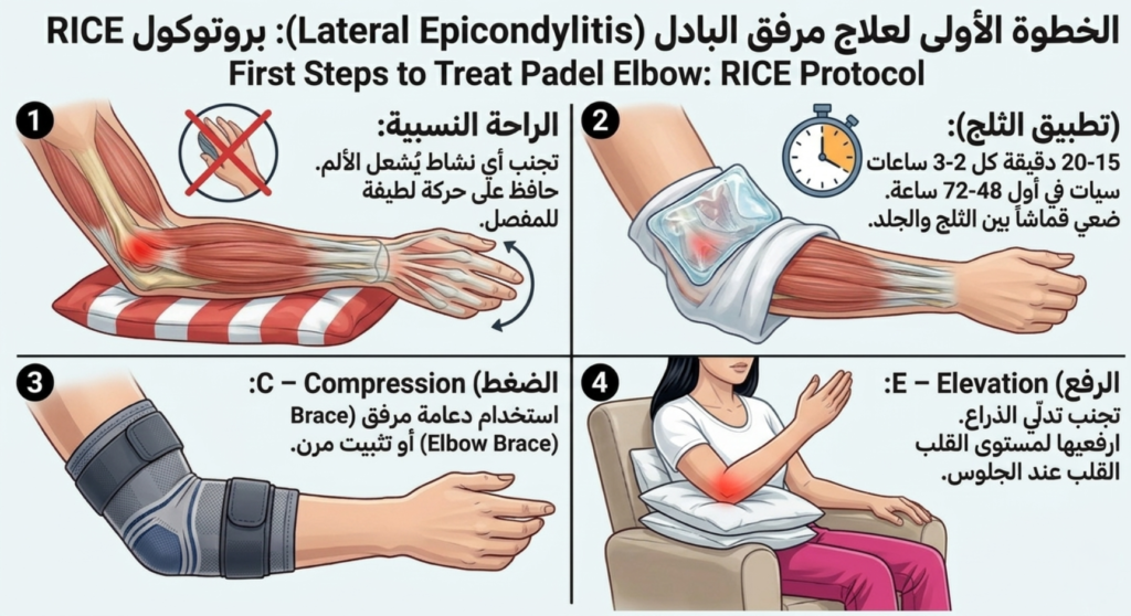 علاج مرفق البادل Padel Elbow: دليلكِ للعودة للملعب بدون ألم 3 علاج مرفق البادل الإسعافات الأولية وبروتوكول RICE علاج مرفق البادل Padel Elbow: دليلكِ للعودة للملعب بدون ألم
