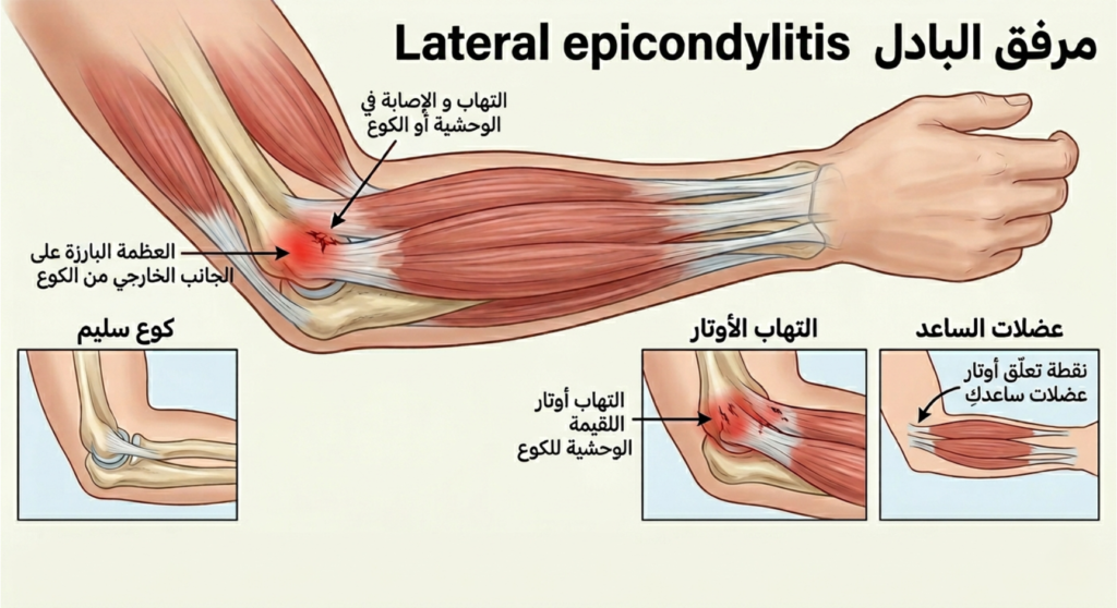 علاج مرفق البادل Padel Elbow: دليلكِ للعودة للملعب بدون ألم 2 مخطط تشريحي لالتهاب أوتار اللقيمة الوحشية في مرفق البادل — Lateral Epicondylitis علاج مرفق البادل Padel Elbow: دليلكِ للعودة للملعب بدون ألم