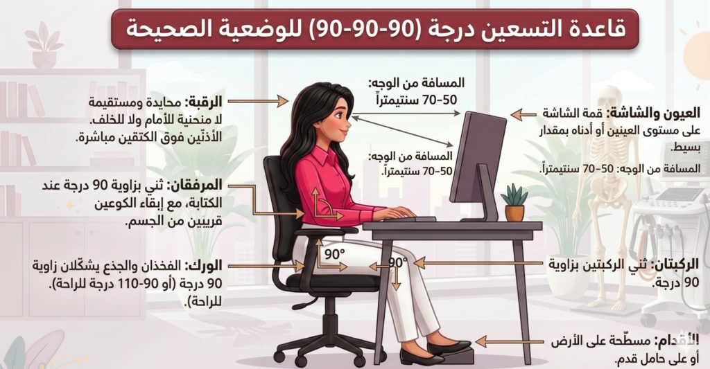 وضعية الجلوس الصحيحة بقاعدة التسعين درجة لحماية العمود الفقري وضعية الجلوس الصحيحة: دليل الموظف للجلوس 8 ساعات بدون ألم